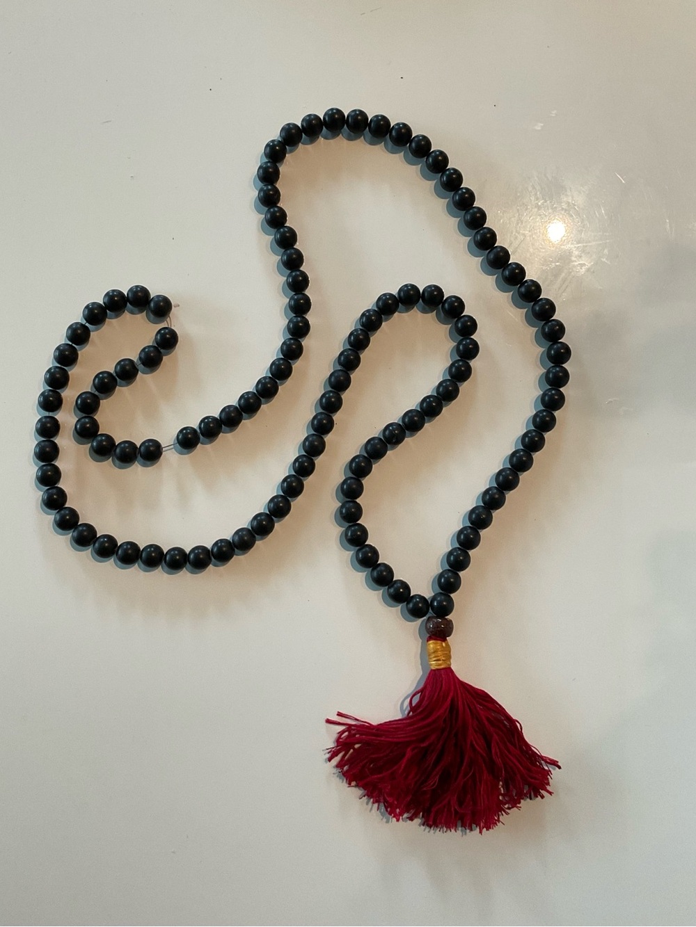 Black Beaded Mala Necklace with Red Tassel